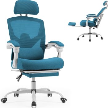 Office Computer Desk Chair, Ergonomic High-Back Mesh Rolling Work Swivel Chairs with Wheels, Comfortable Lumbar Support, Comfy Arms for Home, Bedroom, Study, Student, Blue
