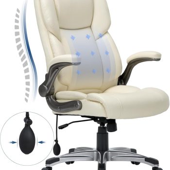High Back Executive Office Chair- Ergonomic Home Computer Desk Leather Chair with Padded Flip-up Arms, Adjustable Tilt Lock, Swivel Rolling Chair for Adult Working Study-Ivory