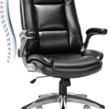 Leather Executive Office Chair - High Back Home Computer Desk Chair with Padded Flip-up Arms, Adjustable Tilt Lock, Swivel Rolling Ergonomic Chair for Adult Working Study, Black