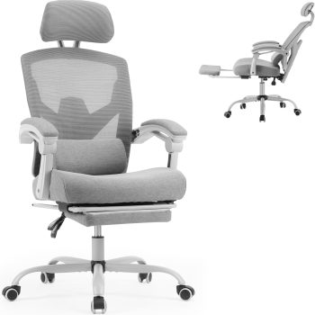 Office Computer Desk Chair with Footrest,Ergonomic High-Back Mesh Rolling Work Swivel Chairs with Wheels,Comfortable Lumbar Support,Comfy Arms for Home,Bedroom,Study,Student,Light Grey