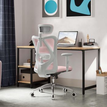Ergonomic Office Chair, Computer Desk Chair with Adjustable Headrest and Lumbar Support, High Back Executive Swivel Chair for Home Office (Light Pink)