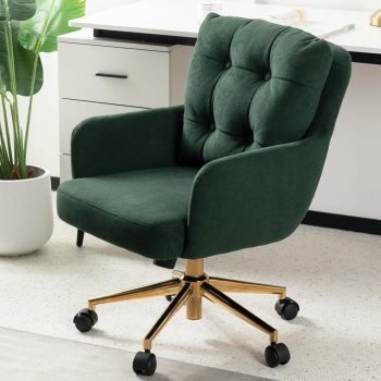 Velvet Office Chair, Comfy Home Office Desk Chairs with Lumbar Support, Modern Velvet Desk Chair Gold Legs Small Swivel Task Chair for Home Office, Bedroom, Study (Green, L)