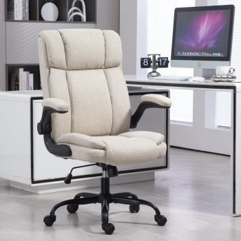 Office Chair High Back Ergonomic Executive Computer Desk Chair Comfortable Fabric Padded Home Office Desk Chairs with Flip-up Arm Rest Adjustable Height Swivel Wheels (Beige)