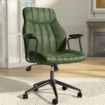 Green Leather Office Desk Chair with Wheels and Arms, Height Adjustable, Vintage, Mid Century Modern Style