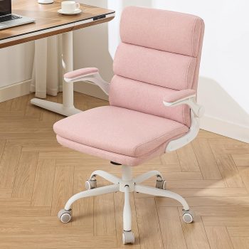 Office Chair Adjustable Desk Chair Mid Back Executive Comfortable Fabric Ergonomic Back Support Home Computer Chair with Padded Flip-up Armrest Swivel Wheels (Pink)