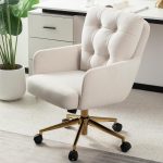 Velvet Office Chair, Comfy Home Office Desk Chairs with Lumbar Support, Modern Velvet Desk Chair Gold Legs Small Swivel Task Chair for Home Office, Bedroom, Study (Beige, L)