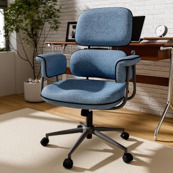 Blue Desk Chair with Wheels and Wide Arms, Soft Granular Linen Fabric Office Chair, Mid Back Vintage Comfy Home Office Desk Chairs with Memory Foam Seat Cushion, Adjustable Height