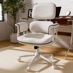 Fabric Office Chair with Granular Linen, Mid Back Vintage Desk Chair with Wheels and Wide Arms, Mid Century Modern Home Office Desk Chairs with Memory Foam Seat Cushion, Adjustable Height, White