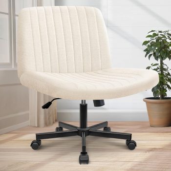 Criss Cross Chair Wheels Wide Cross Legged Office Desk Vanity Chair Comfy Fabric Armless Adjustable Swivel for Home Computer Task (Beige)