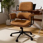 Fabric Office Chair with Granular Linen, Mid Back Vintage Desk Chair with Wheels and Wide Arms, Mid Century Modern Home Office Desk Chairs with Memory Foam Seat Cushion, Adjustable Height, Brown