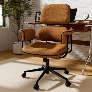 Fabric Office Chair with Granular Linen, Mid Back Vintage Desk Chair with Wheels and Wide Arms, Mid Century Modern Home Office Desk Chairs with Memory Foam Seat Cushion, Adjustable Height, Brown
