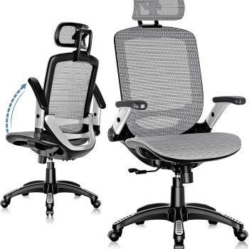 Ergonomic Office Chair, High Back Home Desk Chair with Headrest, Flip-Up Arms, 90-120° Tilt Lock and Wide Cushion, Big and Tall Mesh Chairs for Man Woman, Grey Task Chair