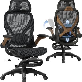 Ergonomic Office Chair with Footrest, Big and Tall Home Desk Chair with 5D Flip-Up Arms, Adjustable 3D Lumbar Support,High Back Rolling Computer Chair, Swivel Mesh Chairs (Library Oak)