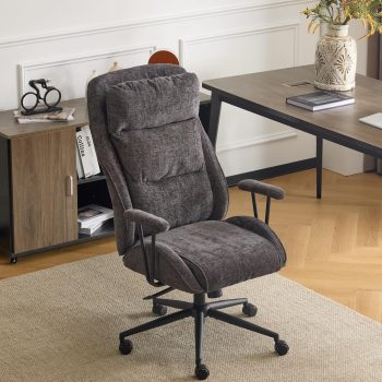 Chenille Executive Ergonomic Fabric Office Chair with 100-130° Recline, High-Back Desk Chair with Adjustable Base & Padded Back & Wheels, Comfy Chair for Gaming, Computer, Home Office,Dark Gray