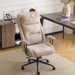 Chenille Executive Ergonomic Fabric Office Chair with 100-130° Recline, High-Back Desk Chair with Adjustable Base & Padded Back & Wheels, Comfy Chair for Gaming,Computer,Home Office,Light Khaki