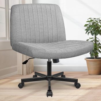 Criss Cross Chair Wheels Wide Cross Legged Office Desk Vanity Chair Comfy Fabric Armless Adjustable Swivel for Home Computer Task (Gray)