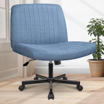 Criss Cross Chair Wheels Wide Cross Legged Office Desk Vanity Chair Comfy Fabric Armless Adjustable Swivel for Home Computer Task (Blue)